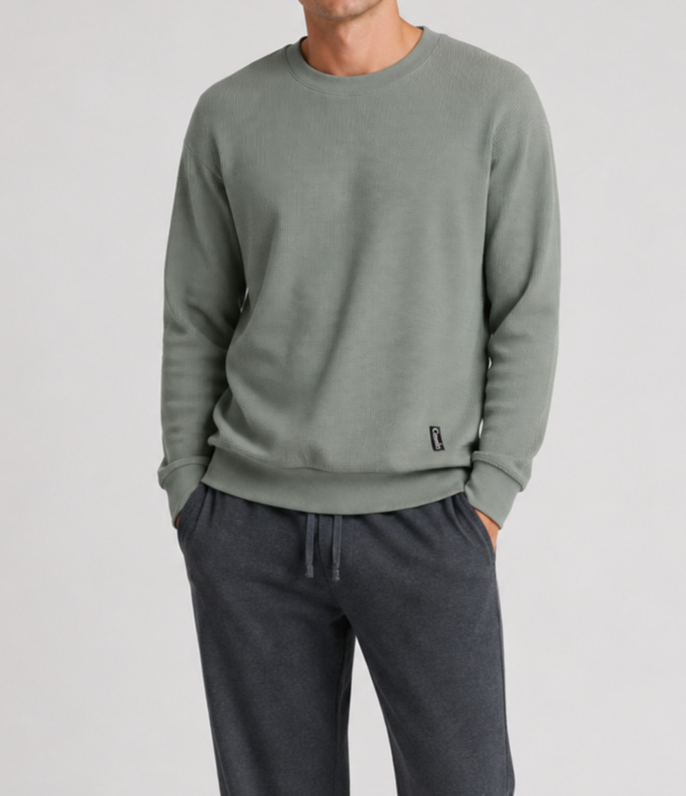 Comfrt Waffle Knit Sweatshirt Mens Small Sage Green Oversized Thermal Lounge